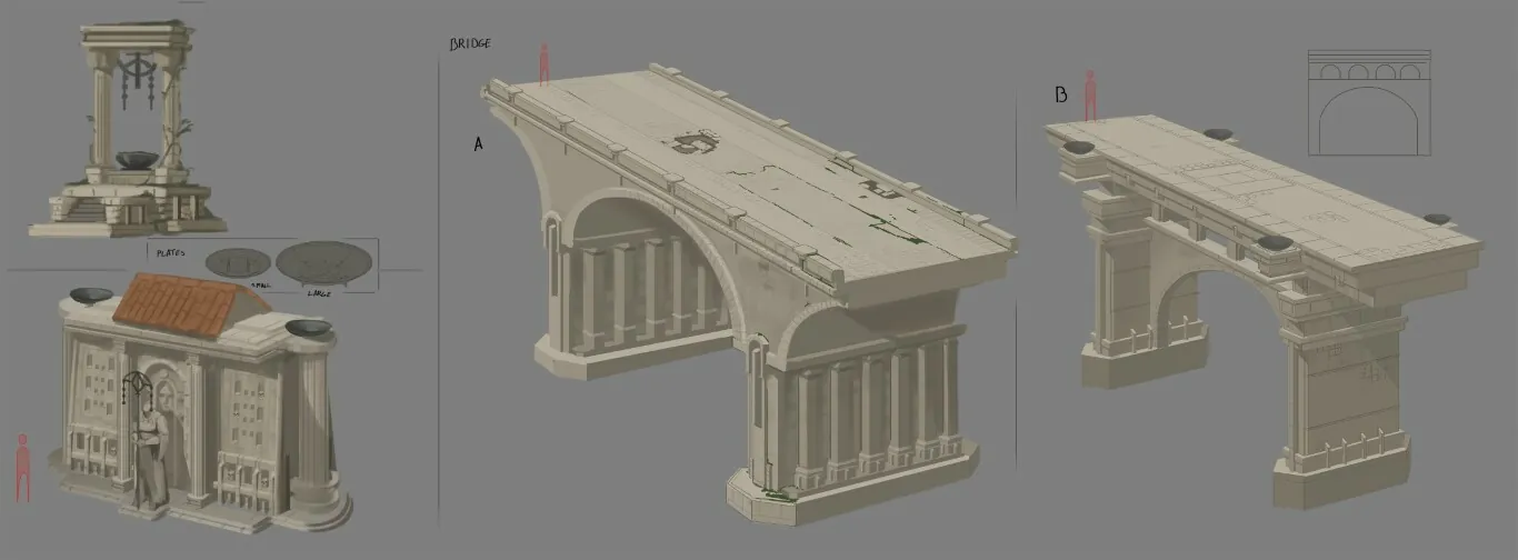Planche de concepts d'architecture ancienne : aqueduc, pont et bâtiments de pierre