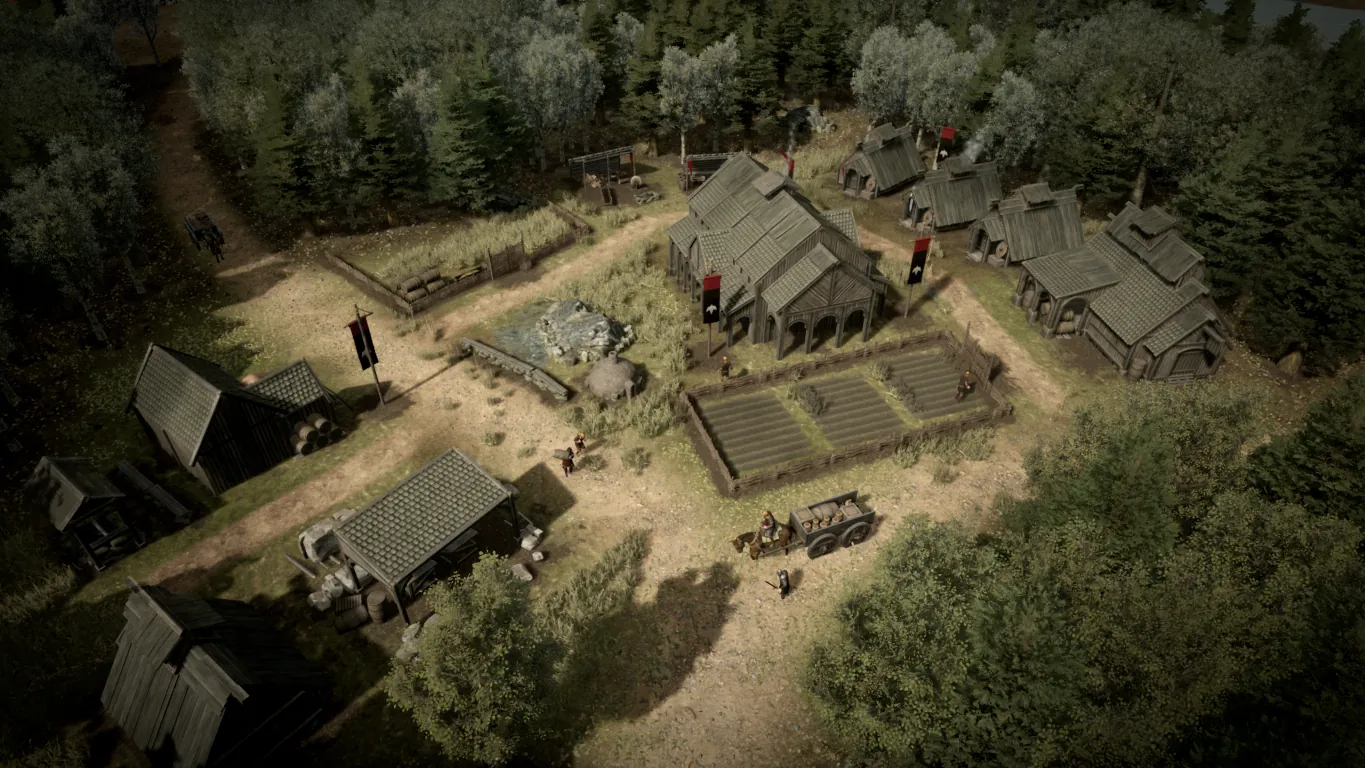 Un village de joueurs vu du ciel, ses toits de chaume et ses champs