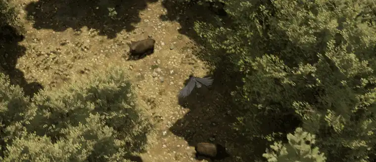 Un corbeau géant piquant sur un joueur dans une clairière