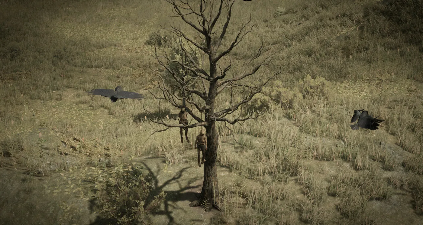 Un arbre mort aux branches nues, isolé dans une clairière d'herbes hautes