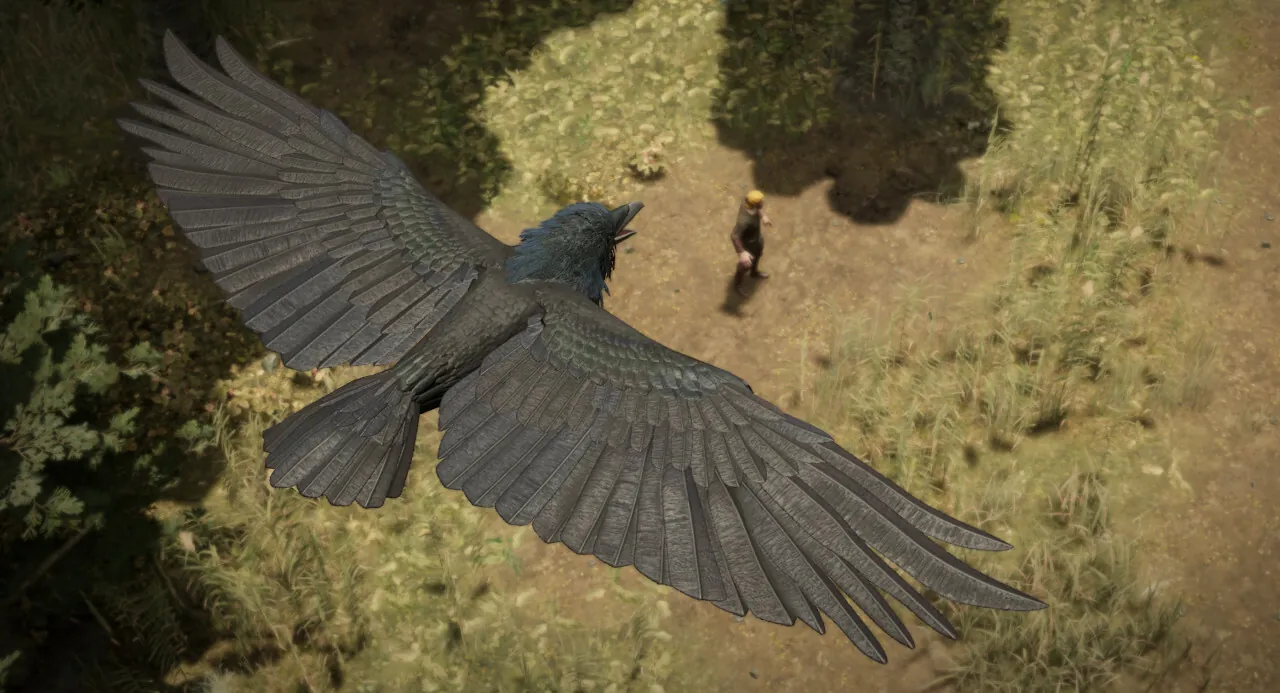 Un corbeau géant aux ailes déployées au-dessus d'une clairière