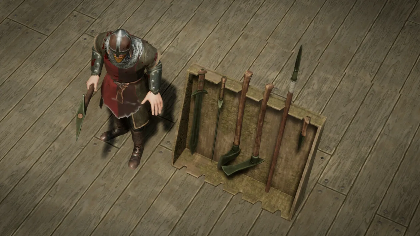 Un établi couvert d'armes et d'outils de bronze, vus du dessus