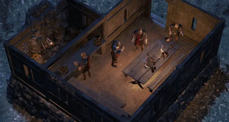L'intérieur d'une taverne de bois, tables, tonneaux et joueurs attablés