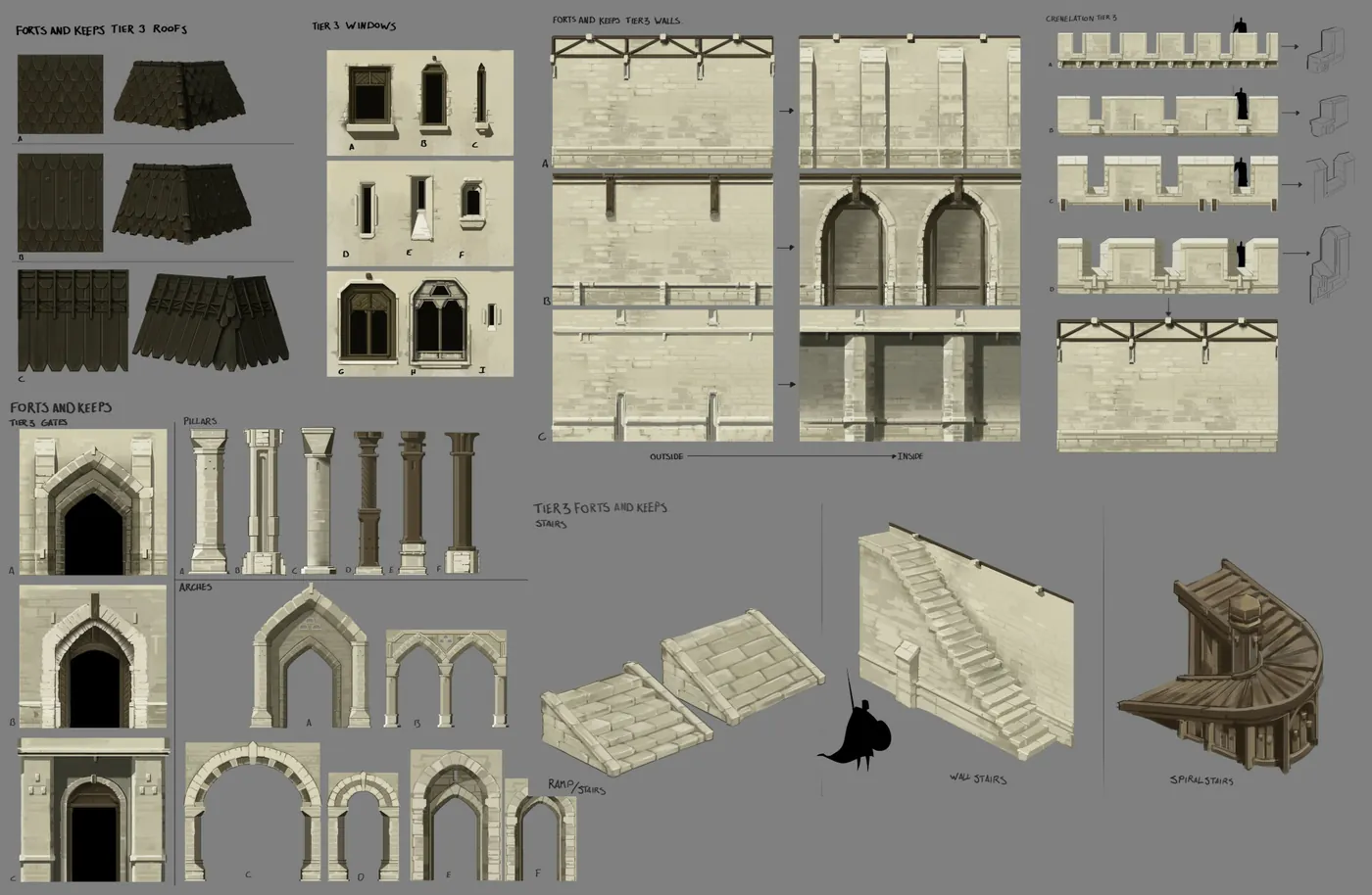 Planche technique des pièces de fort : murs, arches, escaliers, fenêtres et créneaux en vues orthogonales