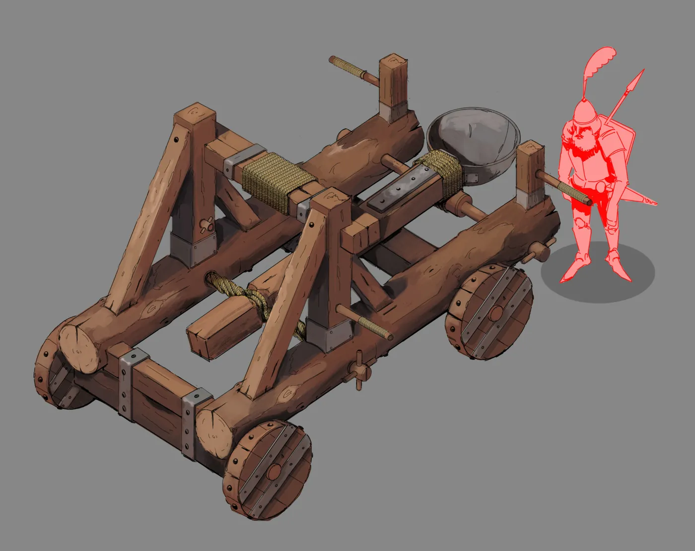 Vue technique de la catapulte en trois dimensions, avec une silhouette rouge pour l'échelle
