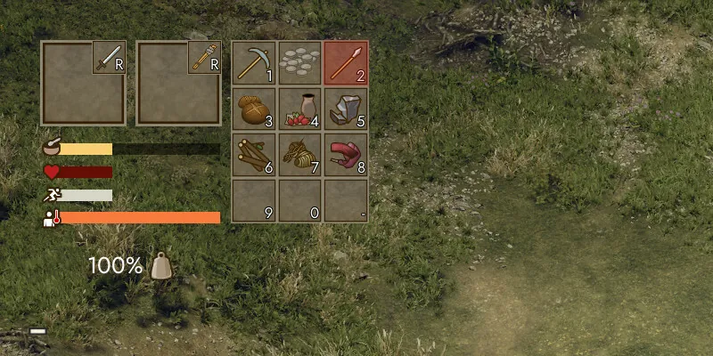 Interface de jeu montrant l'inventaire abrégé, ses touches numérotées et les jauges du personnage