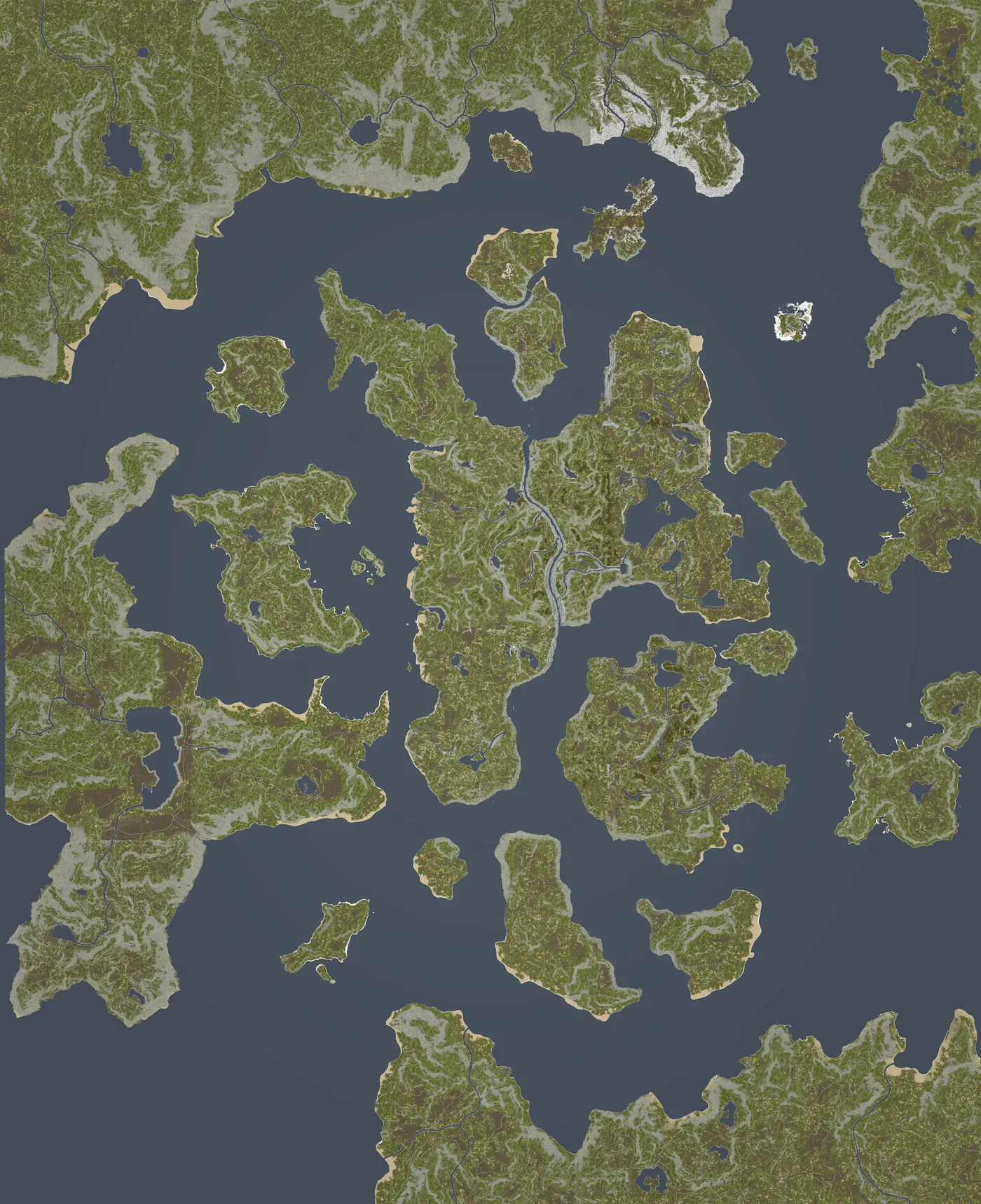 Carte du monde vue de haut : un archipel de terres découpées sur une mer bleue