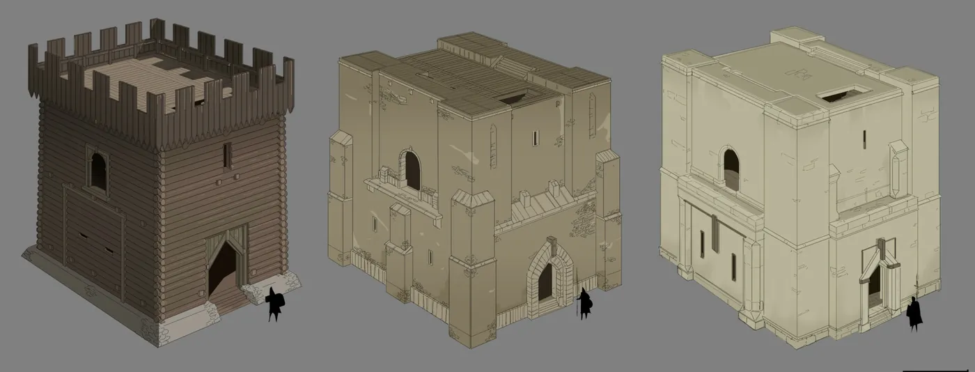 Planche de concepts montrant trois keeps alignés, du plus rustique au plus massif, avec une silhouette humaine pour l'échelle