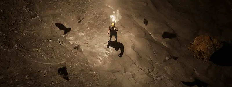 Un personnage torche à la main dans une caverne, des chauves-souris volant autour de lui