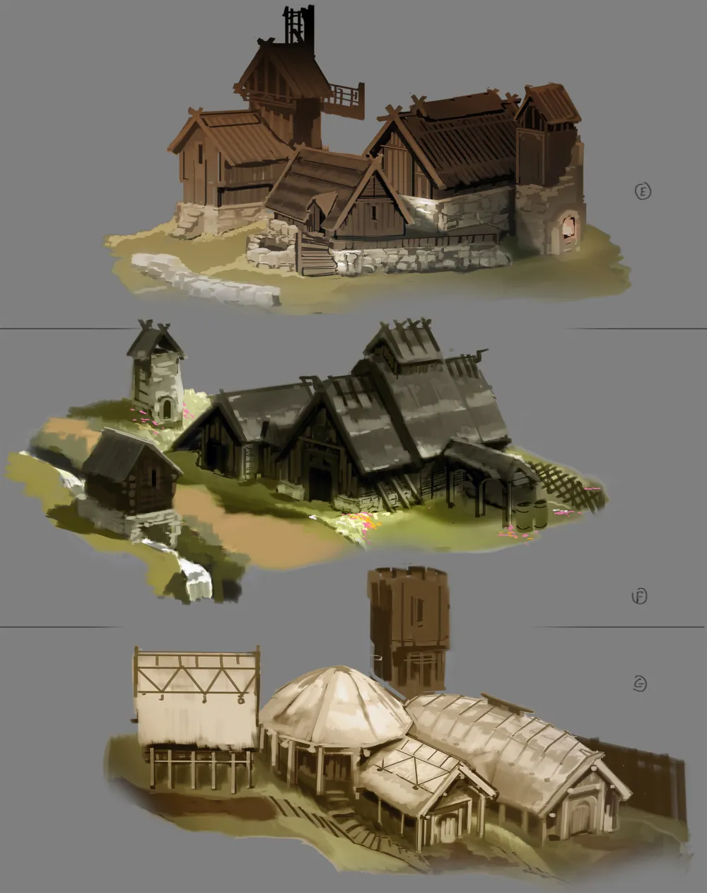 Planche de concepts de homesteads : plusieurs groupes de bâtiments de bois et de pierre, vus en perspective