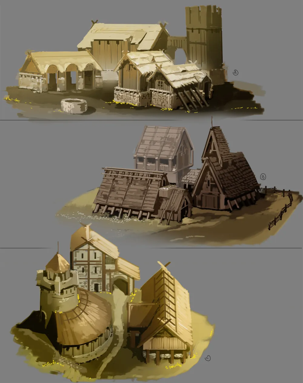 Croquis de maisons de bois aux toits pentus, assemblées sur une plateforme