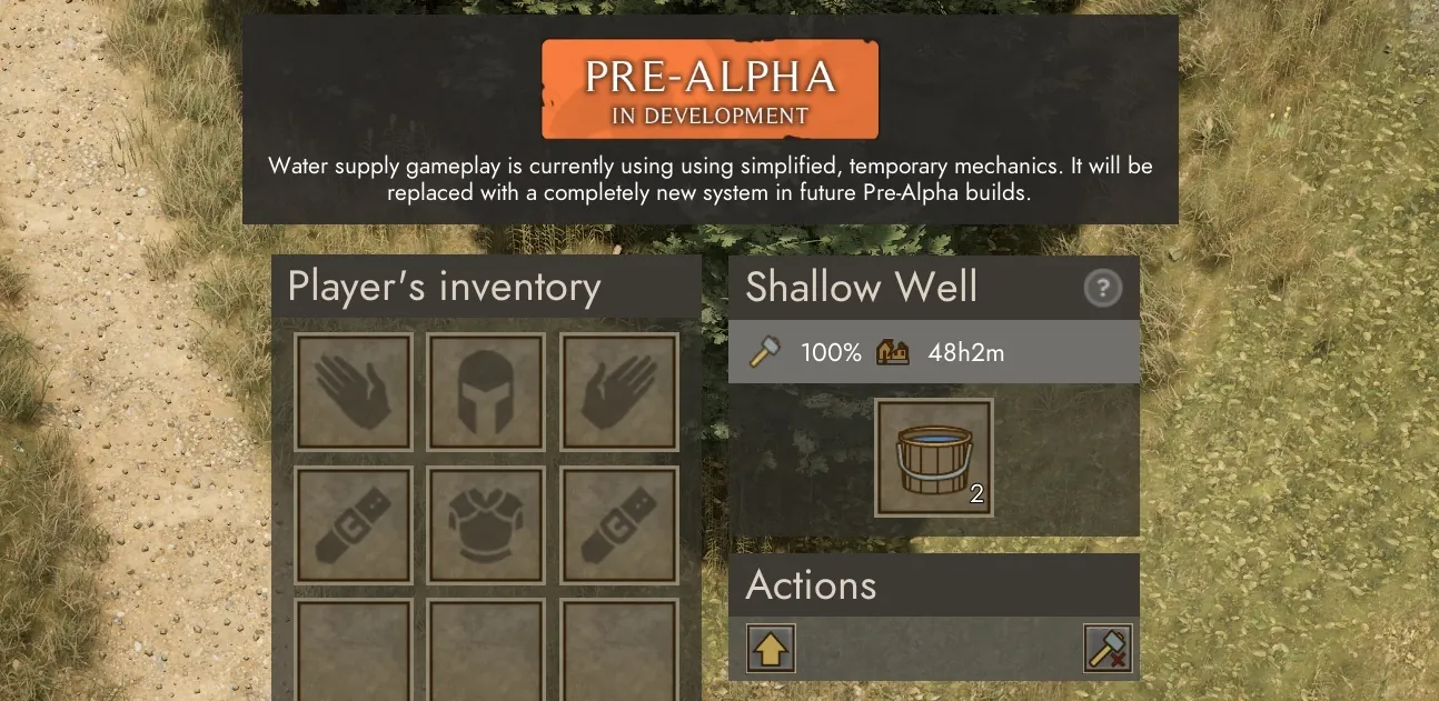 Interface de jeu montrant un bandeau « PRE-ALPHA IN DEVELOPMENT » au-dessus d'un puits