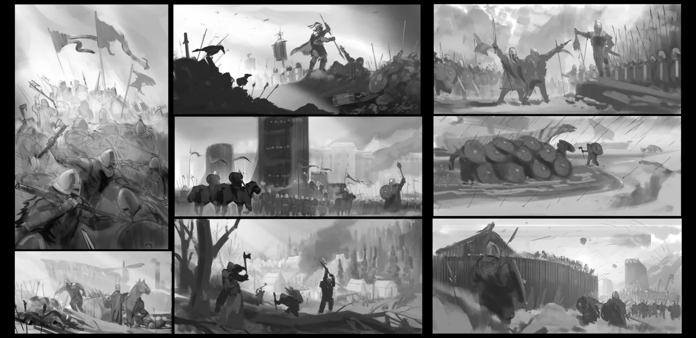 Planche de croquis de recherche : batailles, machines de siège et campements