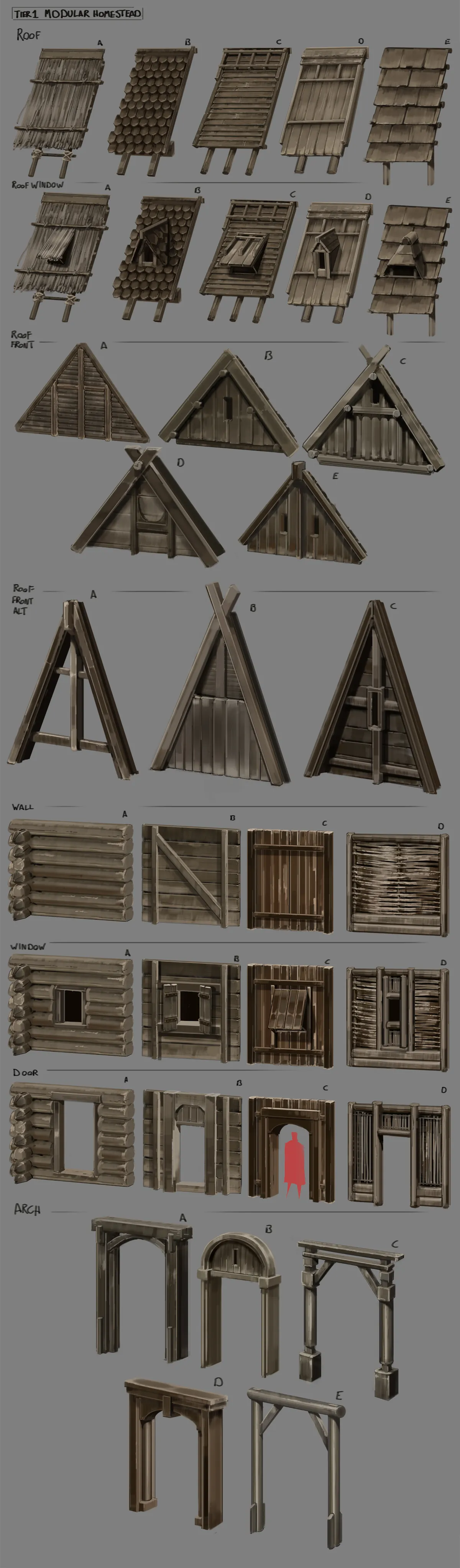 Planche de variantes du homestead de palier 1, en rondins