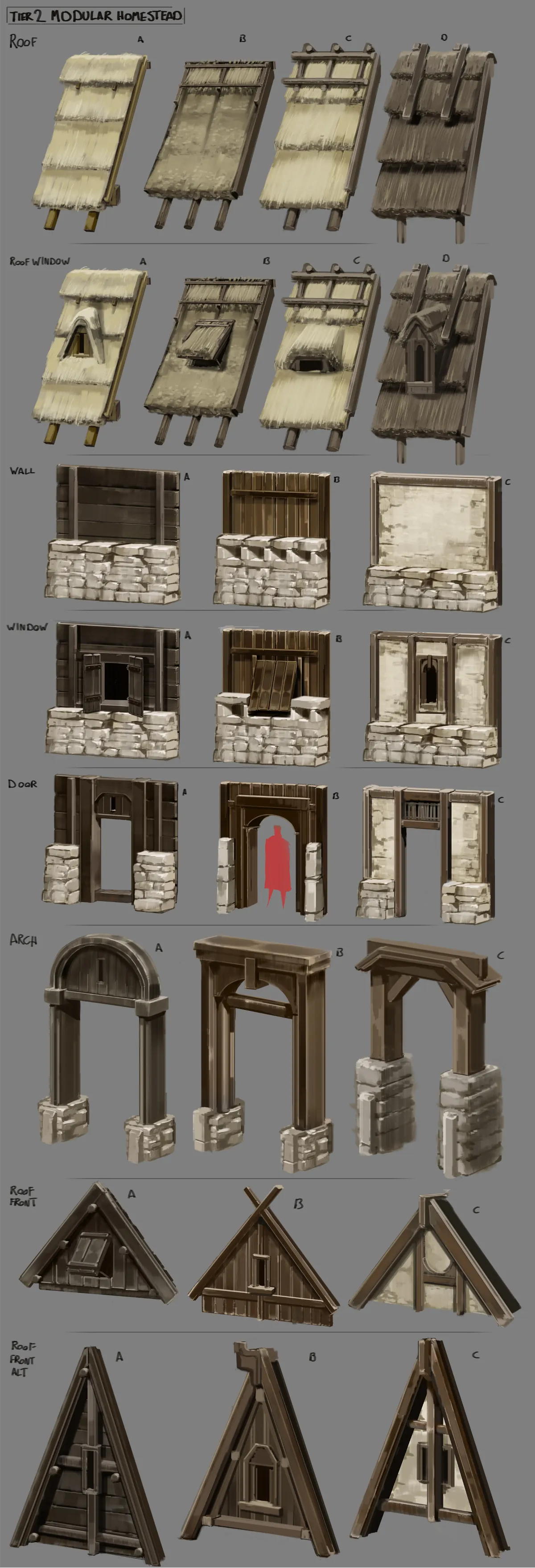 Planche de variantes du homestead de palier 2, en pierre et planches