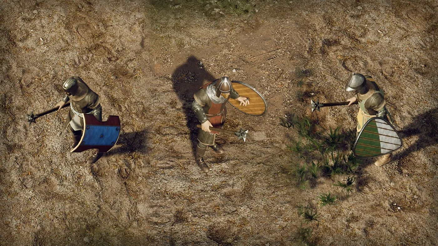 Trois combattants à la masse et à la hache, boucliers au bras