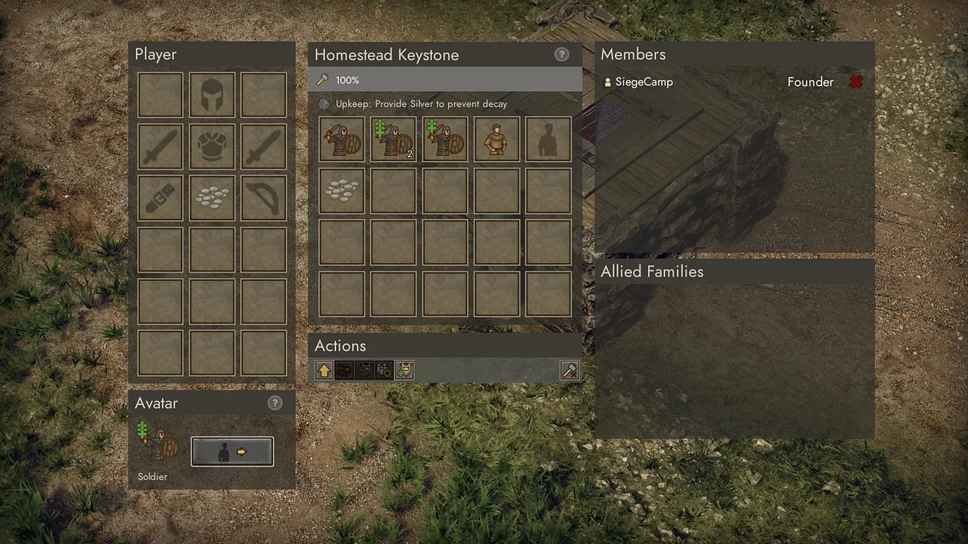 Le panneau de la Homestead Keystone en jeu : inventaire du joueur à gauche, coffre de la clé de voûte au centre avec un entretien à 100 %, membres et familles alliées à droite
