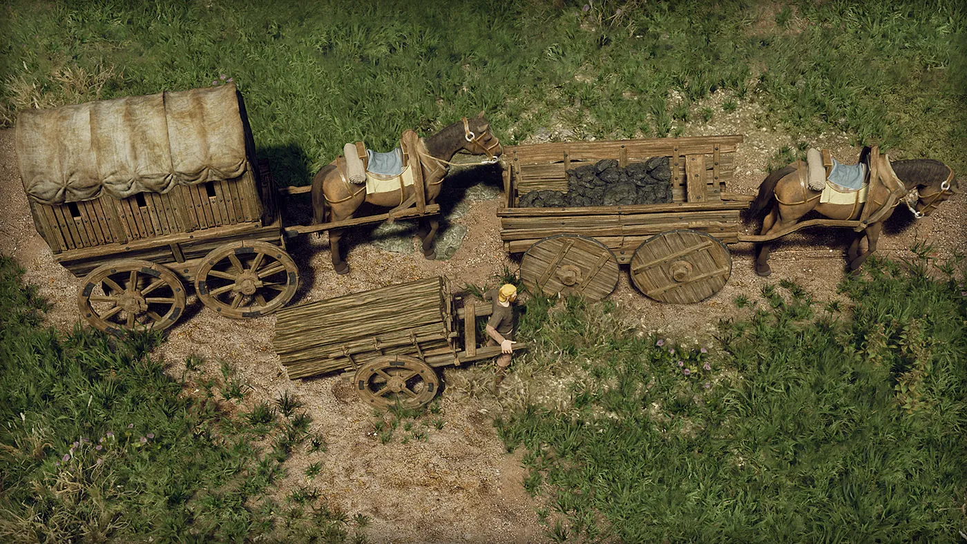Charrette et caravane aux modèles refaits, chargées