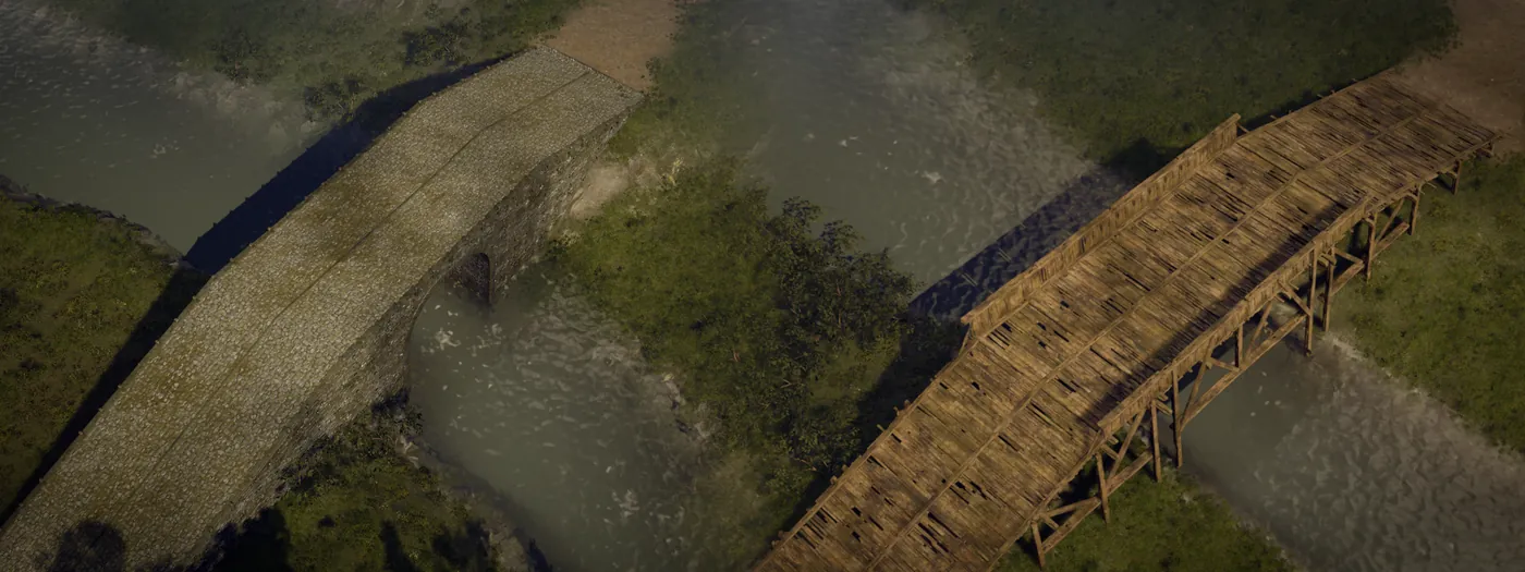 Pont de bois et pont de pierre enjambant une rivière
