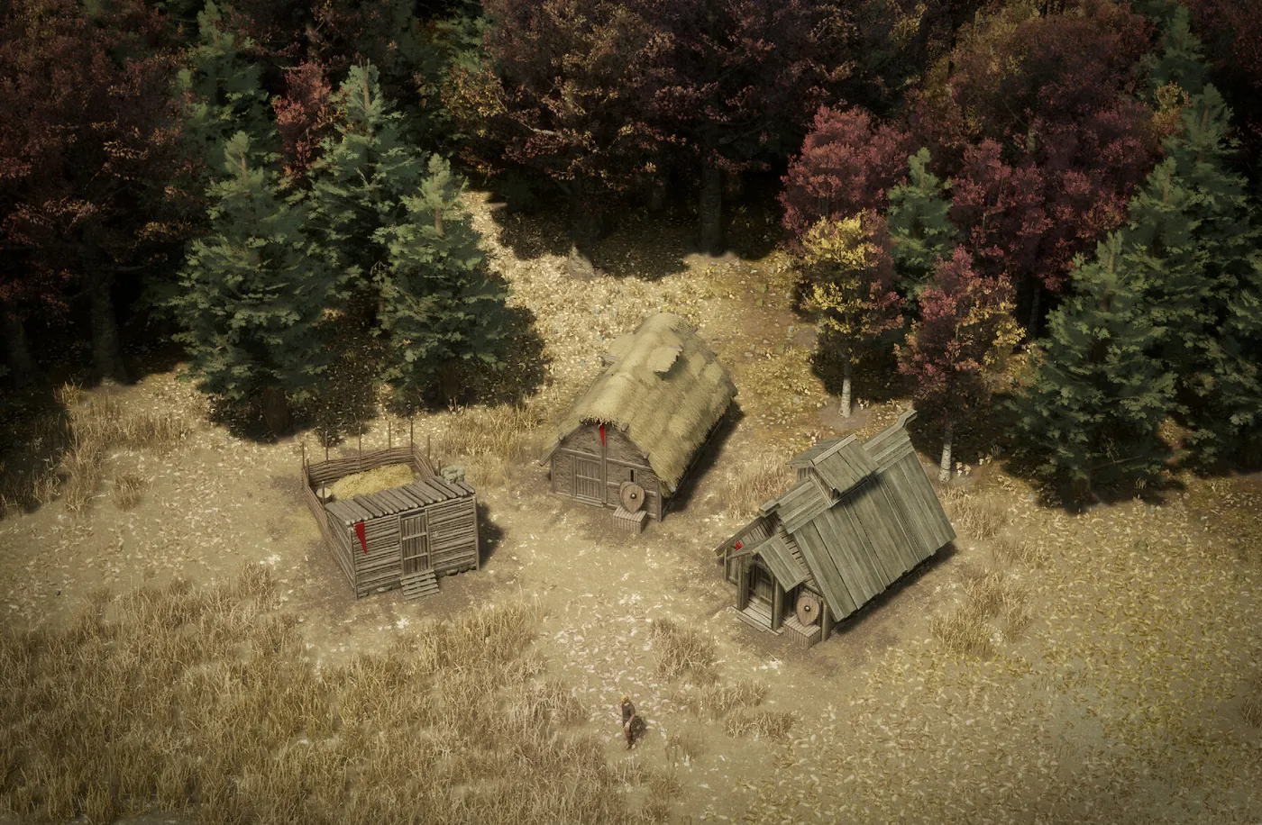 Un groupe de maisons de bois serrées dans une colonie