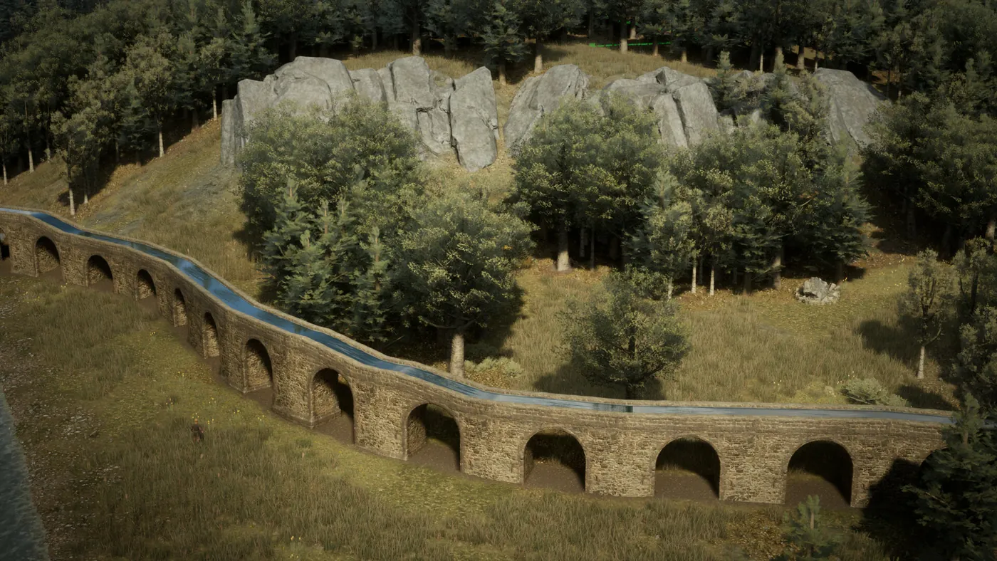 Un aqueduc de pierre traversant un vallon verdoyant