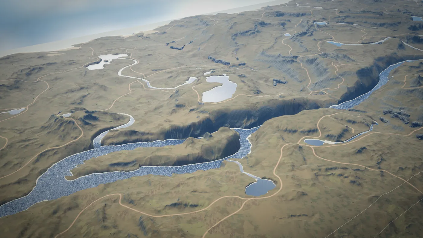 Un vaste paysage vallonné vu du ciel, forêts et clairières à perte de vue