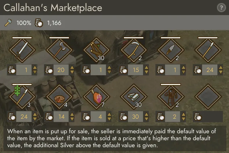 L'interface d'une échoppe de marché avec ses objets en vente et leurs prix en Silver