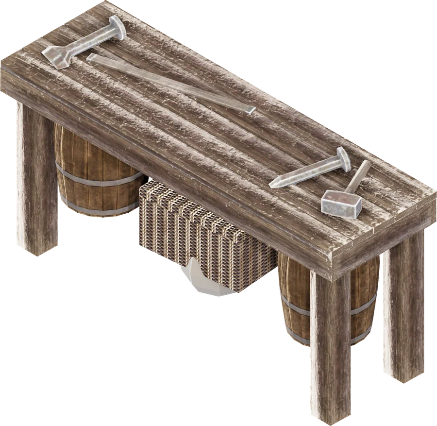 Rendu isométrique du poste de sculpture : un établi bas, deux outils posés dessus, un tonneau et une pile de planches dessous